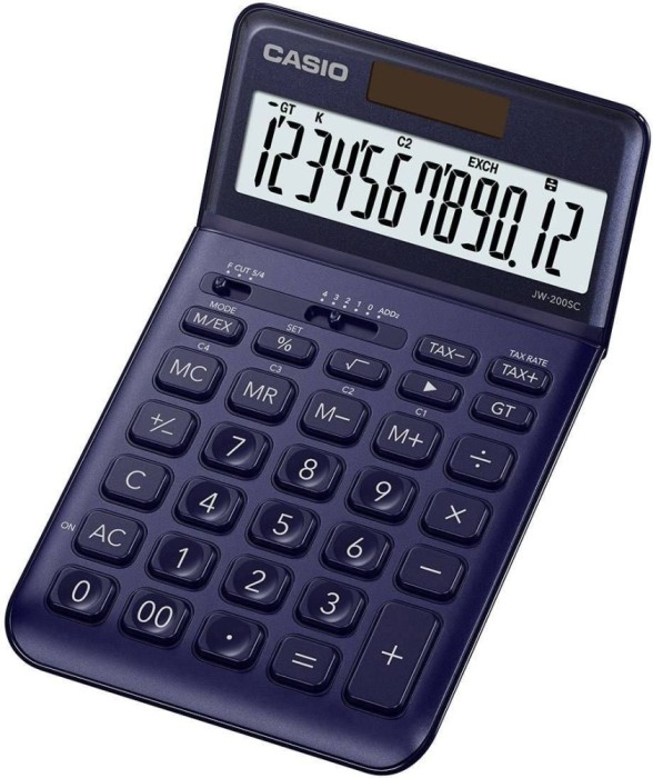 Calculator de birou cu display rabatabil, solar si pe baterie, afisaj cu 12 cifre, albastru &icirc;nchis, &lrm;1.1 x 10.9 x 18.4 cm, CASIO JW200SC