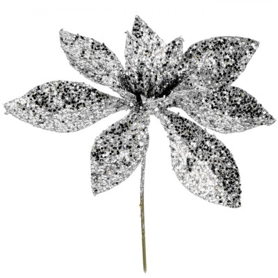 Floare Decorativă Crăciun, Glitter, Argintiu, 15.5cm foto