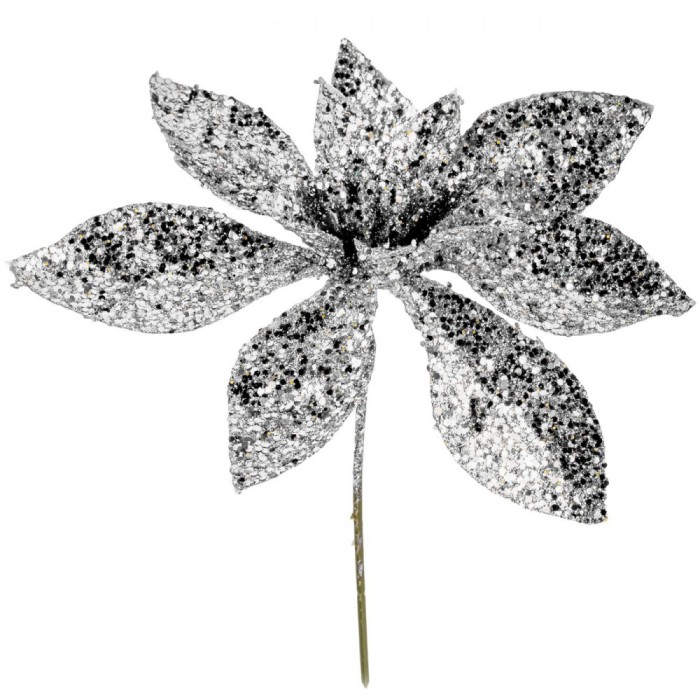 Floare Decorativă Crăciun, Glitter, Argintiu, 15.5cm
