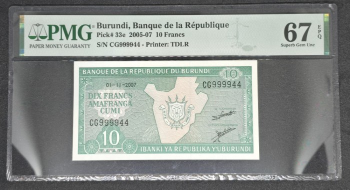 PMG 67 10 Francs Burundi