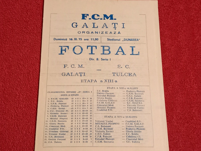 Program meci fotbal FCM GALATI - SC TULCEA (16.11.1975)