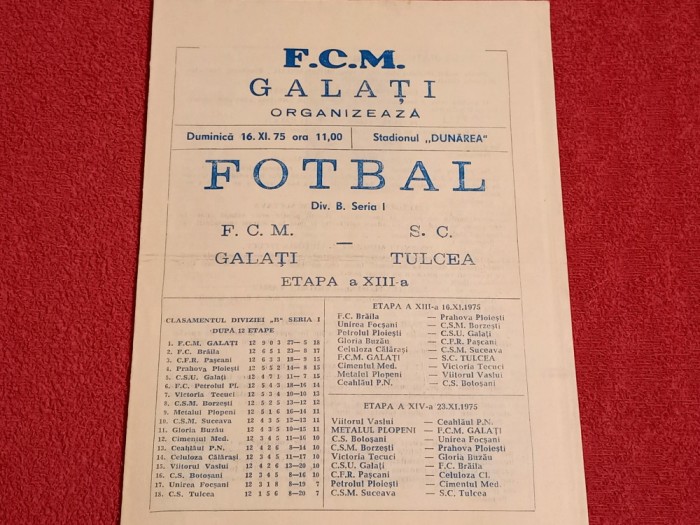 Program meci fotbal FCM GALATI - SC TULCEA (16.11.1975)