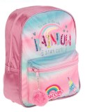 Ghiozdan gradinita roz rainbow cu pompon, Fata, Rucsac
