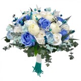 Buchet cu trandafiri din foita de sapun si bujori din matase, alb-albastru, 37 flori, personalizabil, rezistent pana la 10 ani, Eventissimi&reg;