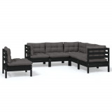 Set mobilier grădină cu perne, 5 piese, negru, lemn de pin