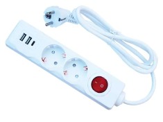 Prelungitor alb 1,5 m cu 2 prize Schuko, 2 porturi USB-A si 1 port USB-C, intrerupator ON OFF