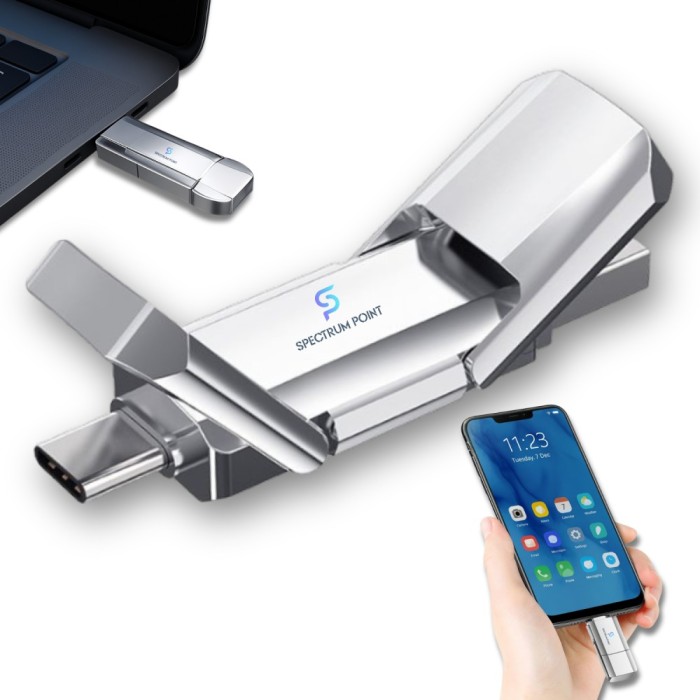 Stick de memorie 2 in 1 USB + Type-C, 256 GB, SpectrumPoint, interfata duala, pentru telefon/laptop/PC/tableta, design metalic minimalist, performanta