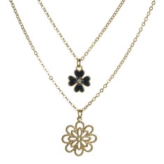 Colier choker dublu, talisman trifoi norocos cu patru foi si pandantiv floare cu opt petale, auriu