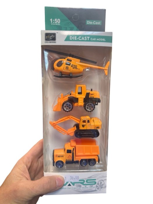 Set 4 vehicule constructii 1:50 Die-Cast metal, elicopter + utilaje