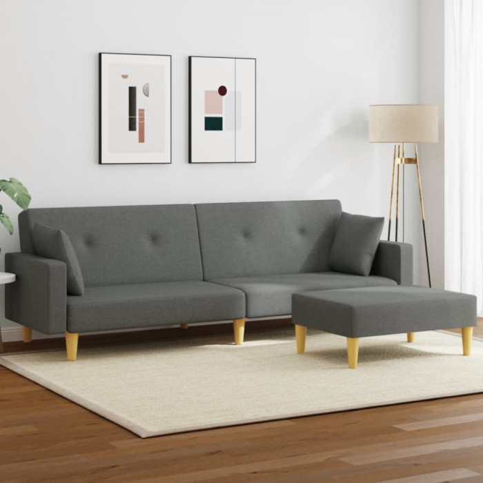 vidaXL Canapea extensibilă cu taburet, 2 locuri, gri &icirc;nchis, textil 3216241