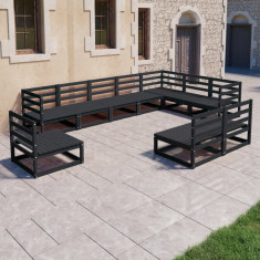 vidaXL Set mobilier relaxare de grădină 10 piese negru lemn masiv pin