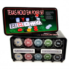 Set Poker Texas Hold'Em, 24 x 11.5 x 11 cm, 200 chips, 2 pachete de carti, buton small blind / big blind