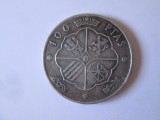 Spania 100 Pesetas 1966 argint in stare foarte buna cu patina frumoasa,diametrul=34 mm,greutate=18.90 grame