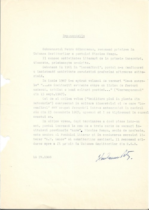 A3240N Semnătura olografă a scriitorului Petre Sălcudeanu, 1968