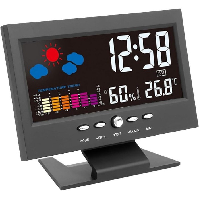 Ceas digital cu termometru si higrometru, control vocal, statie meteo, alarma, snooze, senzor de sunet, ecran LCD