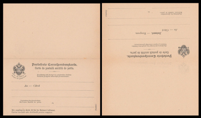 1893 Bucovina - CP dubla bilingva scutita de porto pentru circulatii oficiale