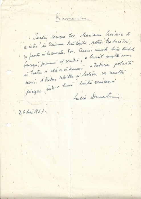 A3552N Lucia Demetrius, act scris și semnat olograf, 1957