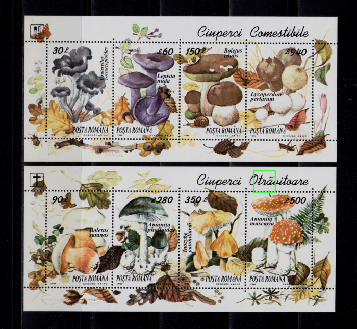 RO 1994 ,LP 1349 , &quot;Ciuperci &quot; set colite 292/293 EROARE catalogata , MNH