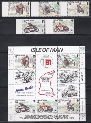 Isle of Man 1991 - A 80-a aniversare a cursei montane TT din Insula Man - C&amp;acirc;știgători de-a lungul anilor, Serie + Bloc, MNH foto