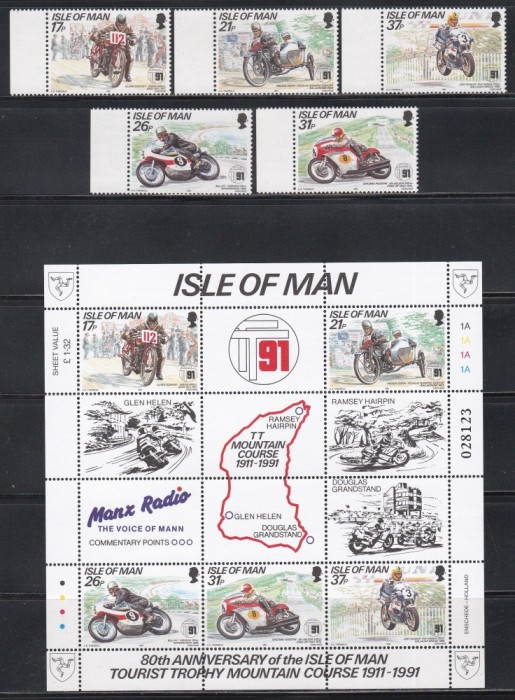 Isle of Man 1991 - A 80-a aniversare a cursei montane TT din Insula Man - C&acirc;știgători de-a lungul anilor, Serie + Bloc, MNH