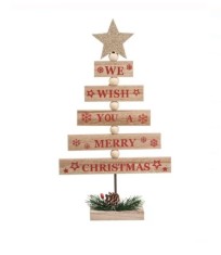 Decoratiune din Lemn de Craciun, Brad cu Globuri, 30 cm