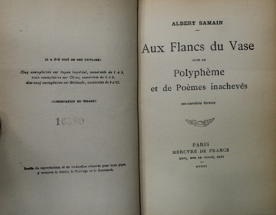 AUX FLANCS DU VASE , suivi de POLYPHEME et de POEMES INACHEVES par ALBERT SAMAIN , 1911 foto