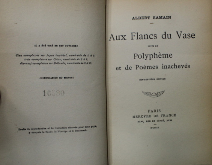 AUX FLANCS DU VASE , suivi de POLYPHEME et de POEMES INACHEVES par ALBERT SAMAIN , 1911