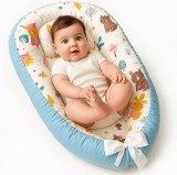 Cosulet Bebelusi pentru Dormit tip Baby Nest, Linomag&reg;, cu Doua Fete, 0-24 Luni, 90x55cm, Husa Bumbac, Confort &amp; Siguranta, Alb/Blue sky