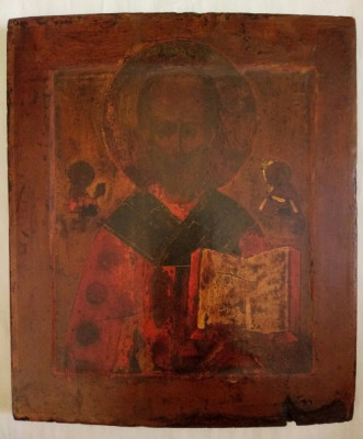 Icoana rusa pe lemn Sf. Nicolae, secol 17-18, dim. 30,7cm x 26,4cm foto