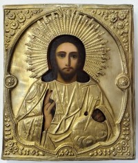 Iisus Pantocrator, Icoana cu Ferecatura Aurita, Scoala Rusa, Secol XIX
