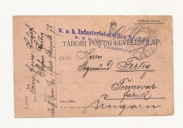 D1 Carte Postala Militara k.u.k. Imperiul Austro-Ungar , 1916, Temesvar