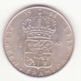 Monedă argint Suedia 1 coroană 1966 -Gustaf VI Adolf.