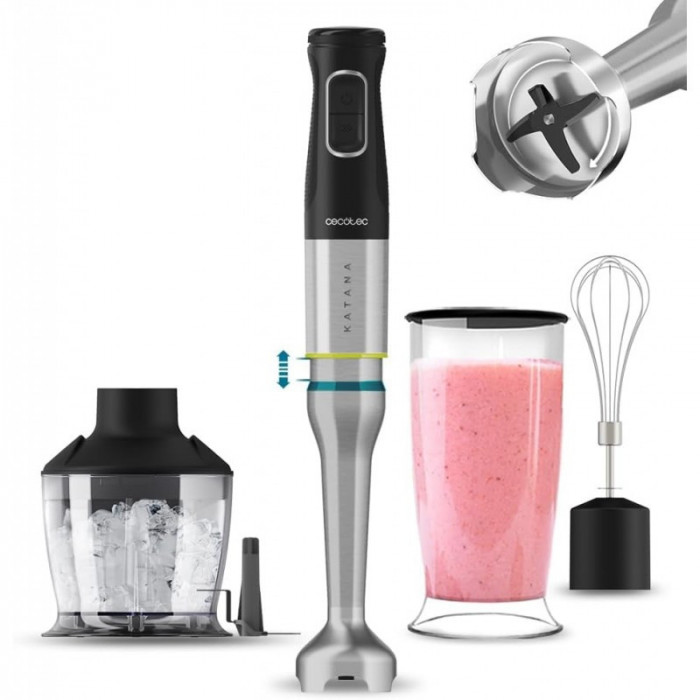 Blender de mana Cecotec Katana 12 Chop B, 1200 W, 21 de viteze plus turbo, Lame cu titan, Accesorii incluse