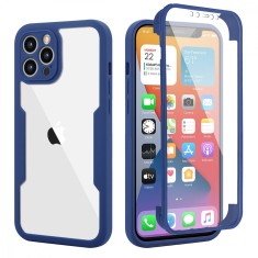 Husa Max Defence pentru iPhone 12 Pro Max, Bumper Albastru, Fata Dubla Transparenta, Protectie Antisoc Full 360 ( fata, spate, margini ), Flippy foto