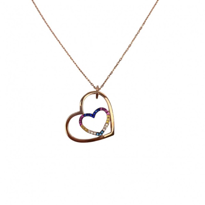 Colier din argint 925, inima placata cu aur roz cu zirconii multicolore 40 cm