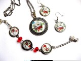 set bijuterii sticla , pandantiv , cercei si bratara cu motiv floral 29680