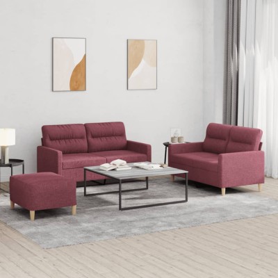 vidaXL Set canapea cu perne, 3 piese, roșu vin, material textil foto
