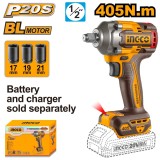 Masina de Insurubat cu Impact Profesionala 20V 405Nm Brushless INGCO CIWLI20451, 0-2400 rpm, 0-3000 bpm, prindere 1/2", cuplu desfacere 555Nm, fara ac