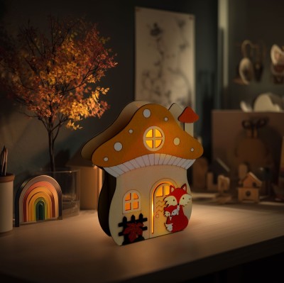 Decoratiune luminoasa de toamna &amp;ndash; casuta-ciuperca cu vulpe &amp;ndash; lemn &amp;ndash; 15 x 16 x 5 cm Best CarHome foto