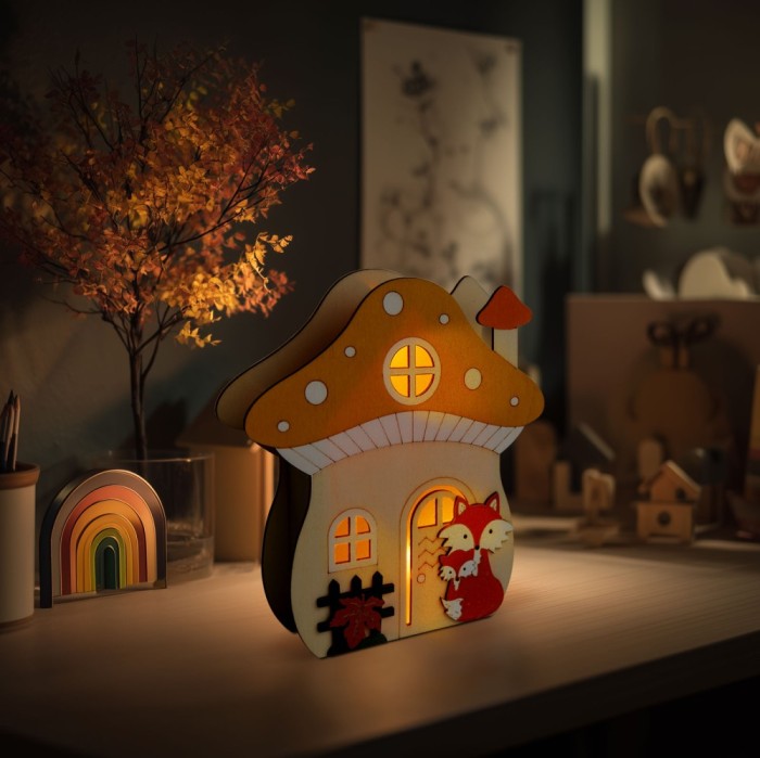 Decoratiune luminoasa de toamna &ndash; casuta-ciuperca cu vulpe &ndash; lemn &ndash; 15 x 16 x 5 cm Best CarHome