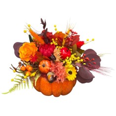 Aranjament floral de toamna Halloween , in dovleac , decor handmade cu flori artificiale si naturale uscate