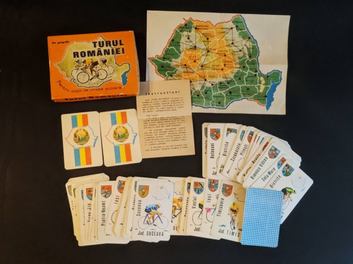 1977 TURUL ROMANIEI Joc Geografic rar Pt copii Vechi Perioada Comunista. de Colectie Complet: 80 Cartonase, Plansa Harta Romaniei, Instructiuni, Cutie