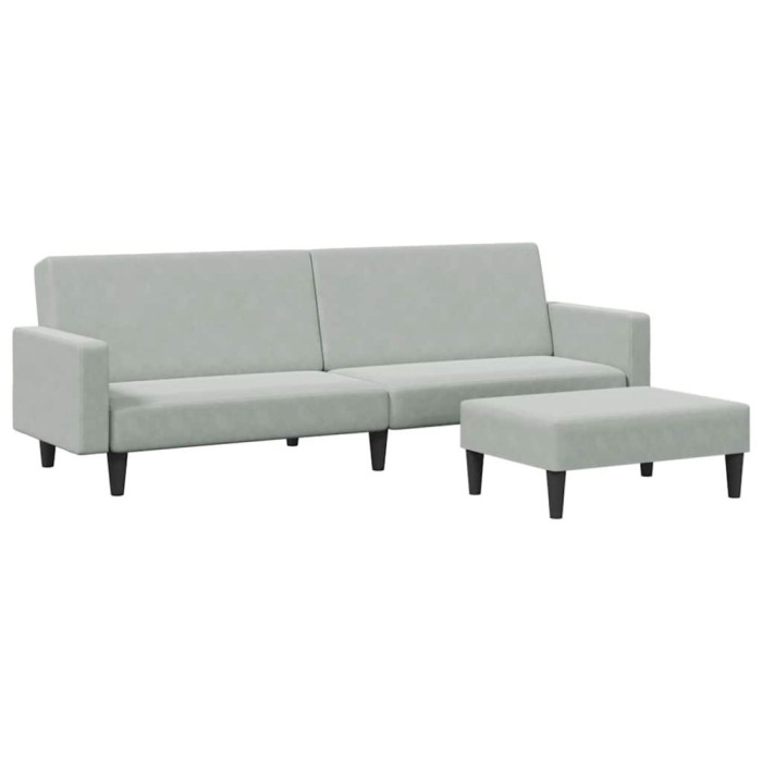 Canapea extensibila cu taburet, 2 locuri, gri deschis, catifea