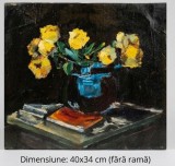 TABLOU PICTAT MANUAL, natură Statică cu Narcise și Cărți Vechi, narcise in vaza Pictura ulei 40x34 cm fara rama