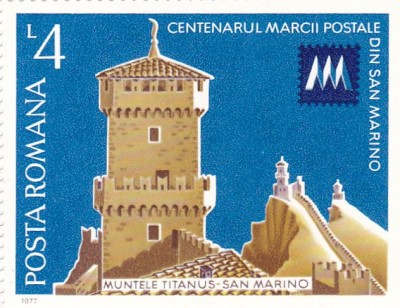 ROMANIA 1977 LP 941 CENTENARUL MARCII POSTALE SAN MARINO MNH foto