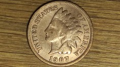 SUA / USA - moneda de colectie istorica - 1 indian head cent 1907 - cap indian - curatata, superba !
