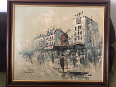 Pictura in ulei,tehnica spaclu,peisaj citadin Paris,Moulin Rouge foto