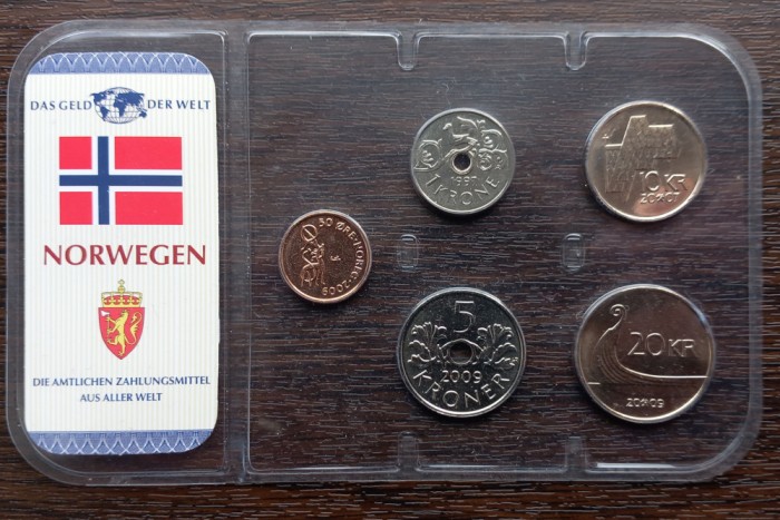 SET 5 MONEDE UNC - NORVEGIA - 50 ORE, 1 KRONE, 5 KRONER, 10 KRONER SI 20 KRONER