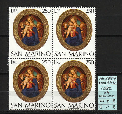 Timbre San Marino, 1974 | Crăciun 1974 - Madonă - Pictură | MNH | aph foto