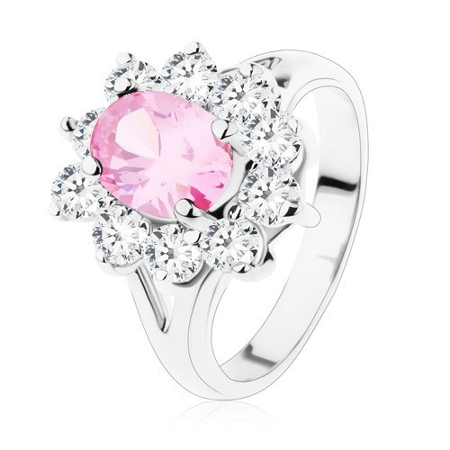 Inel cu braţe despicate, zirconiu oval roz, margine transparentă - Marime inel: 48